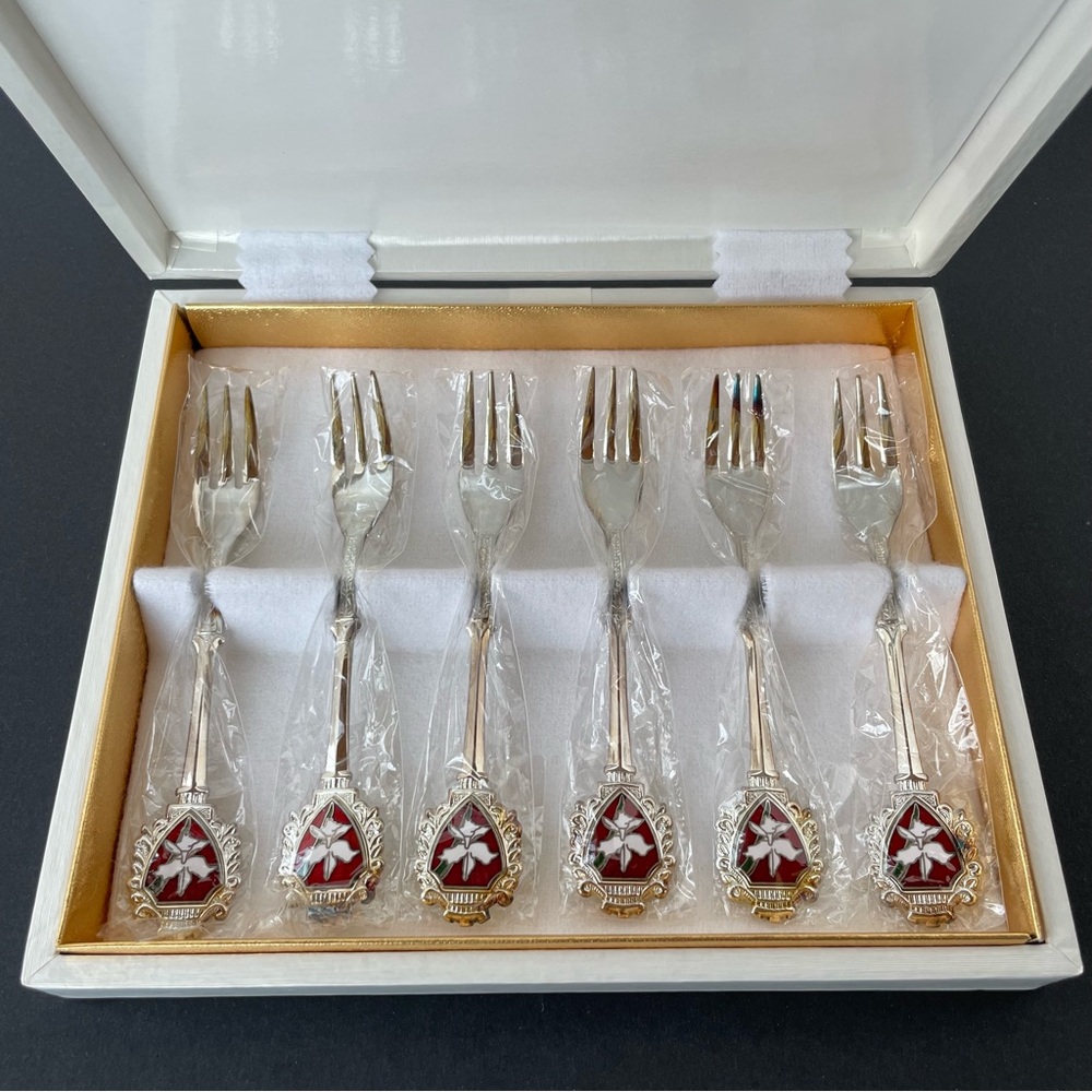 CLOISSONE SHIPPO Japanese Fork Set  Flower/Orchid Silver Decorative Mini NEW